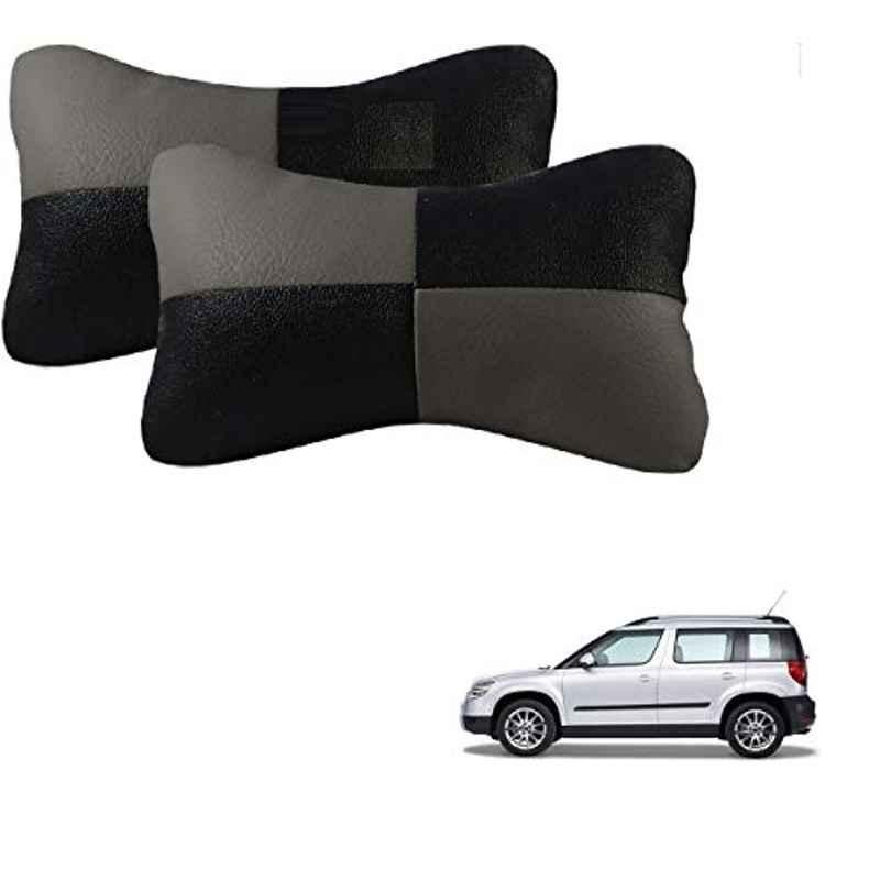 Kozdiko 2 Pcs Leather Grey & Black Neck Rest Car Cushion Pillow Set for Skoda Yeti