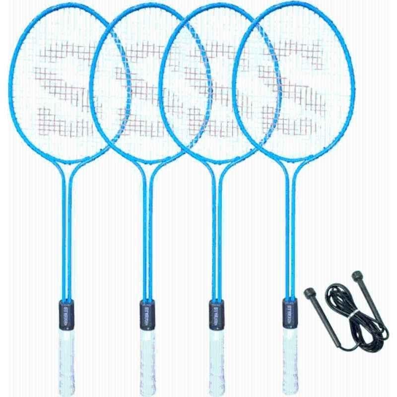 STYRKR Alloy Steel Blue Badminton Racquet Set of 4 Steel Frame with Skipping Rope Badminton Kit