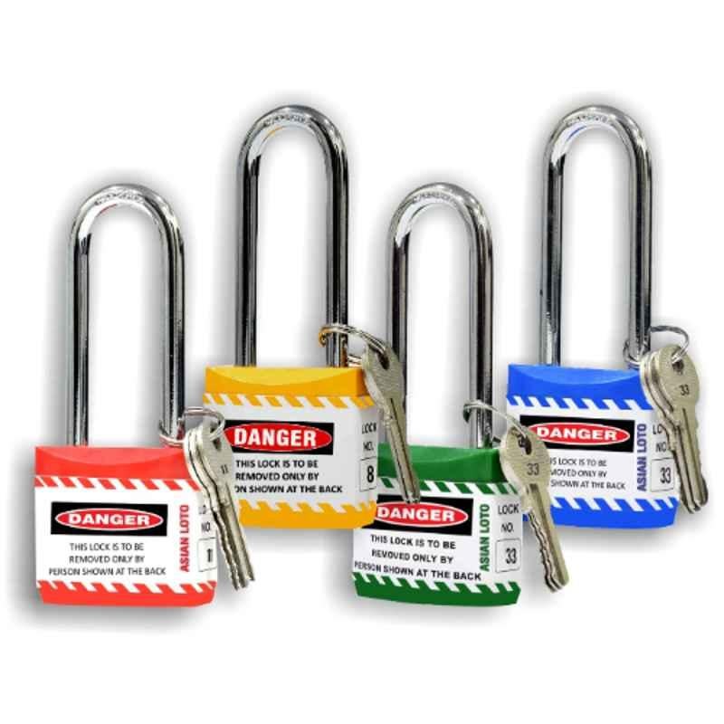 Asian Loto 4 Pcs 65mm Red, Yellow, Green & Blue Long Shackle Jacket Padlocks Set for Safety, ALC-LPL-RYGB
