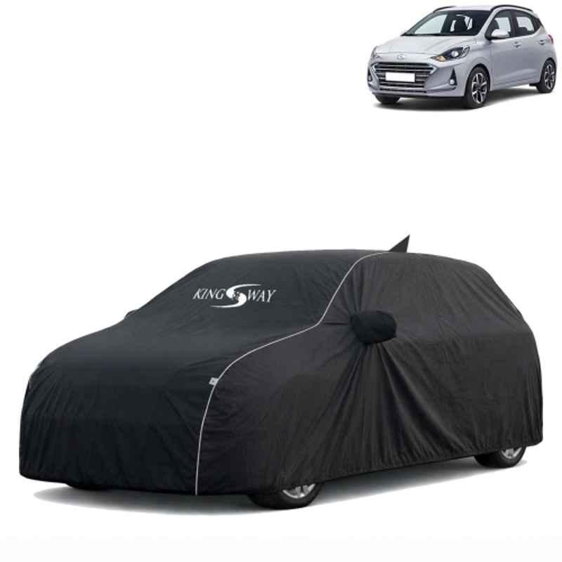 Kingsway Super Waterproof All Weather Protection Polypropylene Black Car Cover for Hyundai Grand I10 Nios 2019 to 2022 with Silver Piping, Mirror & Antenna Pockets