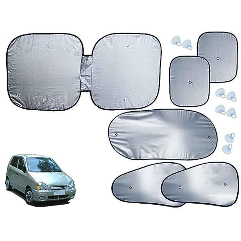 Auto Pearl 6 Pcs Polyester Black & Silver Window, Front & Rear Sun Shade Set for Hyundai Santro 1998-2006