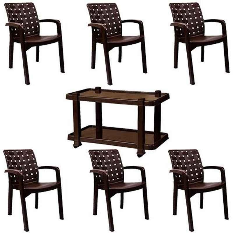 Italica 6 Pcs Polypropylene Tan Brown Luxury Arm Chair & Nut Brown Table with Wheels Set, 9408-6/9509