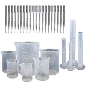 WKM 4 Pcs Plastic Clear Graduated Cylinders & 6 Pcs Beakers with 20 Pcs 3ml Droppers Set