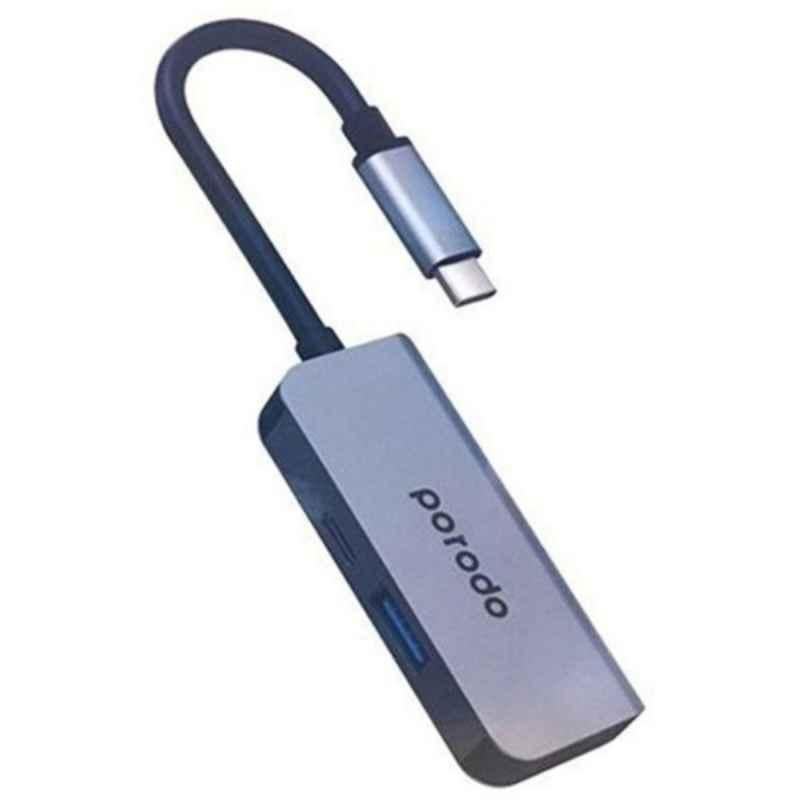 Porodo 3-in-1 Grey USB Type-C Hub, PD4K31CGY