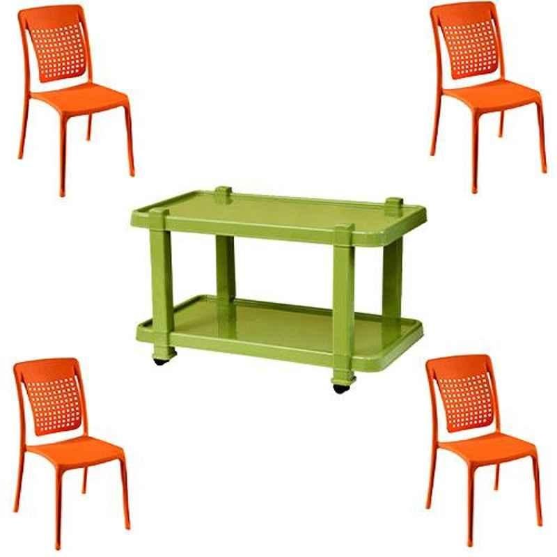 Italica 4 Pcs Polypropylene Orange Spine Care Chair & Green Table with Wheels Set, 2109-4/9509