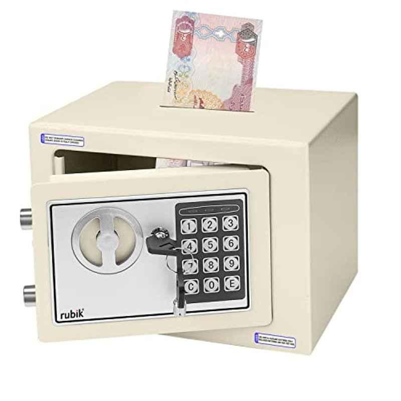 Rubik 17x23x17cm Off White Mini Cash Deposit Drop Slot Safe Box with Key and Pin Code
