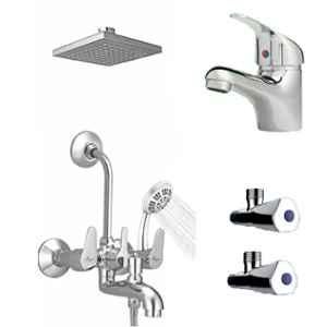 Mayur Ocich Trendy 5 Pcs Brass 3 In 1 Wall Mixer Silver Bathroom Set with 6 inch Rain & Hand Shower, 7710R6-GFLO-1111-Tri01