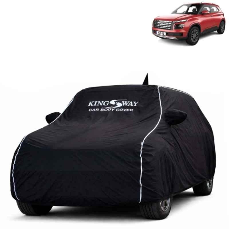 Kingsway Super Waterproof All Weather Protection Polypropylene Black Car Cover for Hyundai Venue 2022 to 2025 with Silver Piping, Mirror & Antenna Pockets