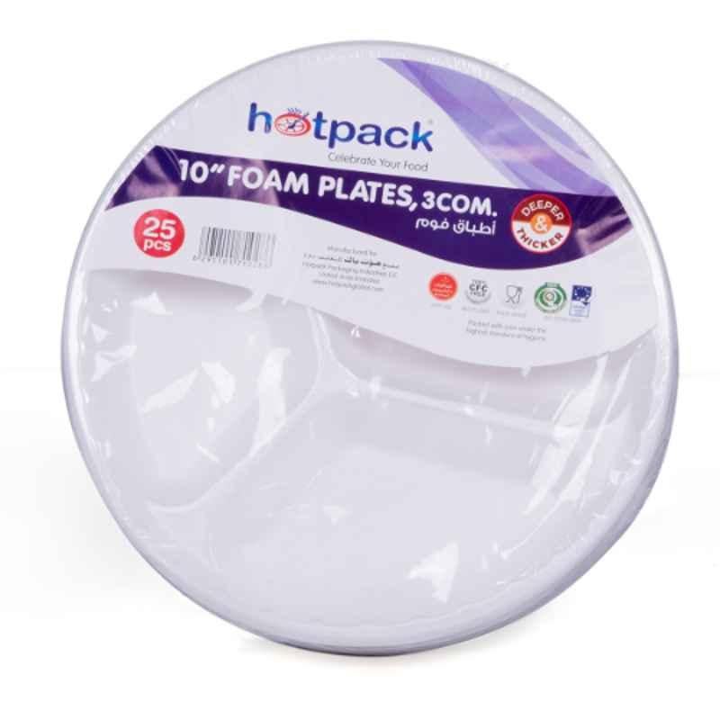 Hotpack 25Pcs 10 inch Foam Round 3 Compartments Plate Set, RFP103B