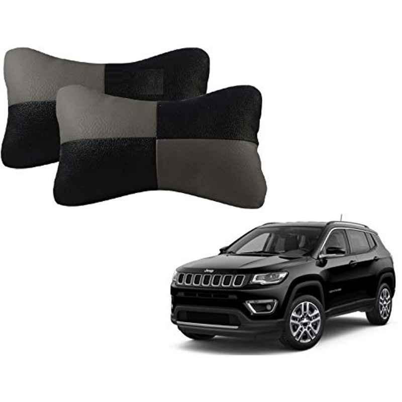 Kozdiko 2 Pcs Leather Grey & Black Neck Rest Car Cushion Pillow Set for Jeep Compass