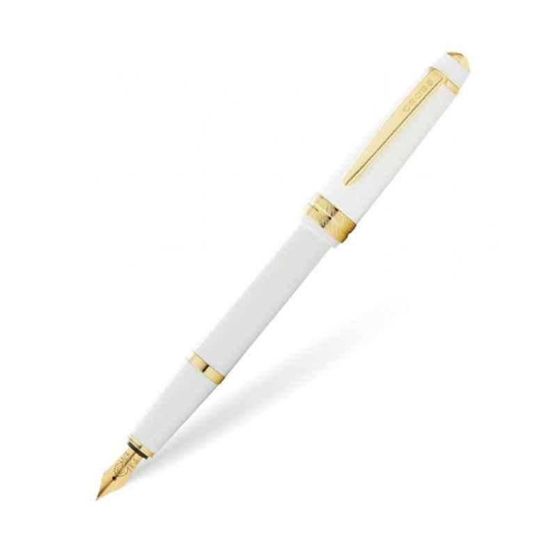 Cross Bailey Black Ink White Resin & Gold Tone Finish Fountain Pen with 1 Pc Black Pen Ink Cartridge Set, AT0746-10MF