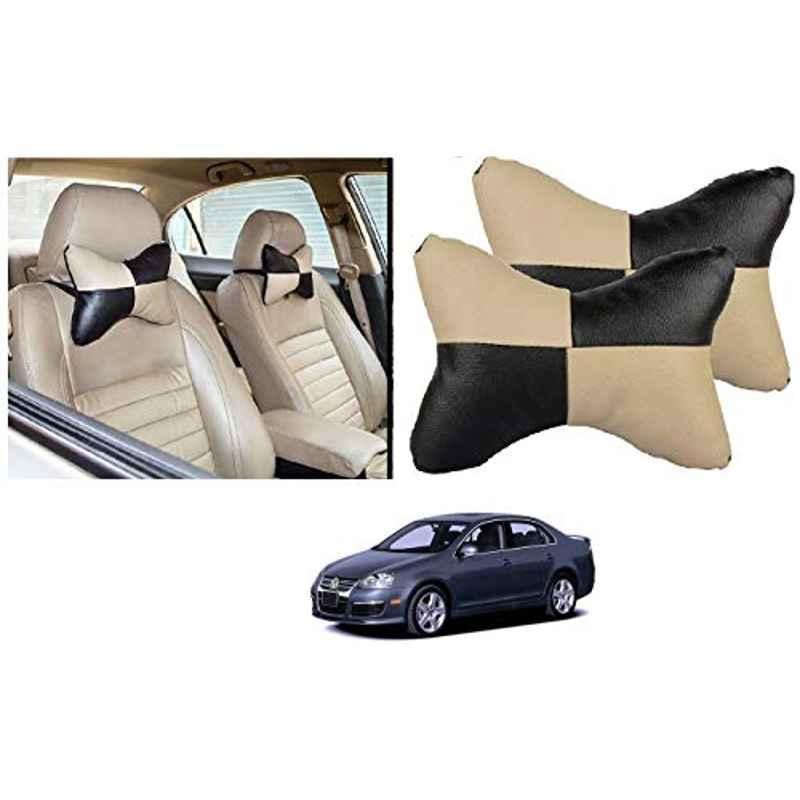 Kozdiko 2 Pcs Black & Beige Car Square Chess Design Neck Rest Seat Pillow Set for Volkswagen Jetta
