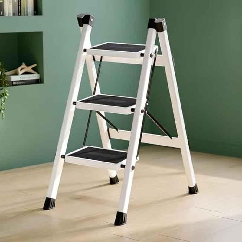 Plantex 150kg 3 Steps Galvanized Steel White Foldable Ladder for Home Use