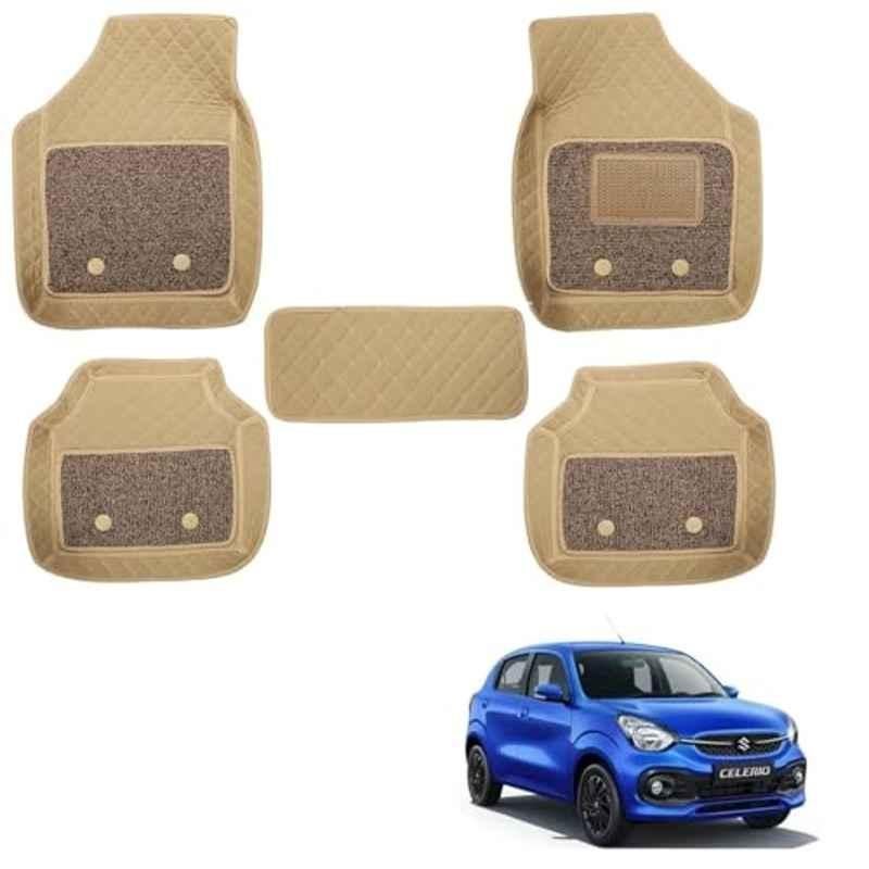 Kozdiko 5 Pcs Waterproof & Luxury 7D Beige Leatherette Car Floor Mats Set for Maruti Suzuki Celerio 2021-Present