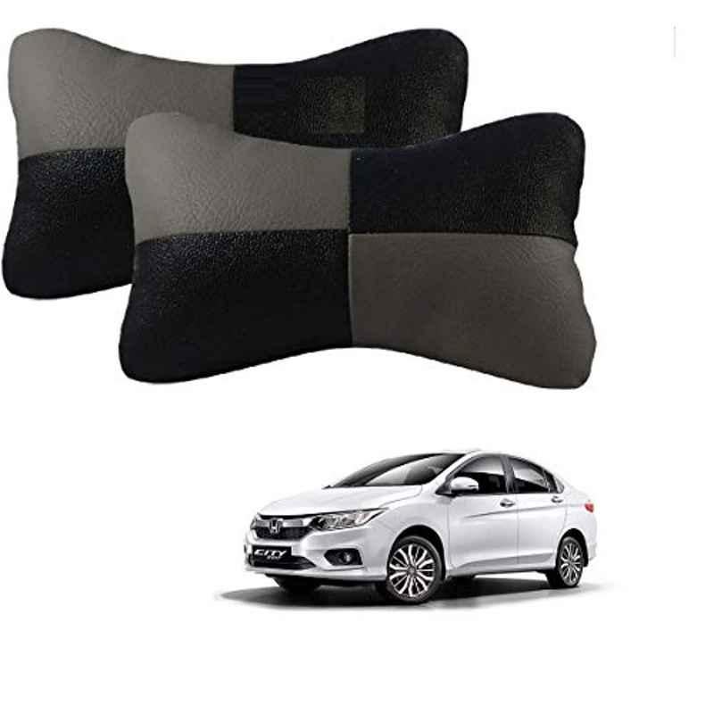 Kozdiko 2 Pcs Leather Grey & Black Neck Rest Car Cushion Pillow Set for Honda City 2017