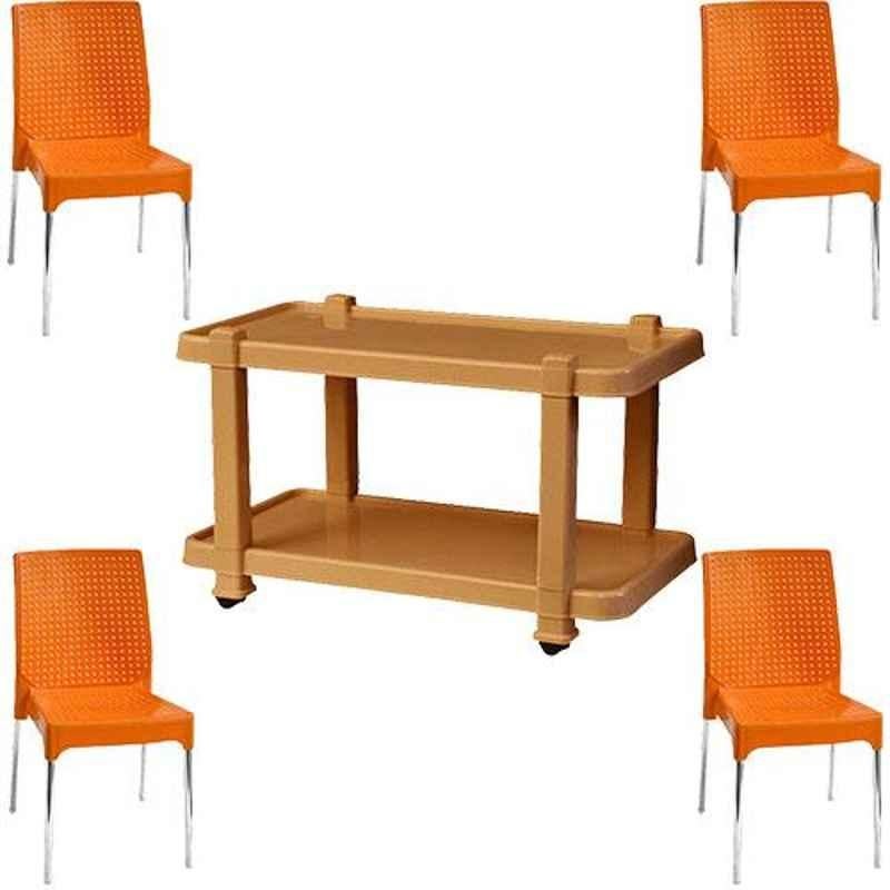 Italica 4 Pcs Polypropylene Orange Plasteel without Arm Chair & Marble Beige Table with Wheels Set, 1206-4/9509