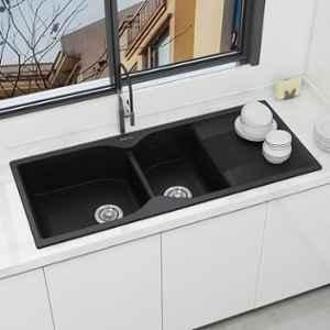 Plantex 45x20 inch Charcoal Black Matt Kitchen Sink/Quartz Sink for Kitchen/UV Protected Double Bowl with Drain Board