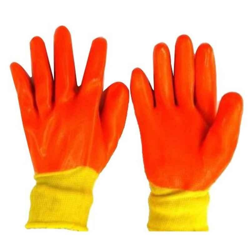 RPES Yellow Free Size Nylon Hand Gloves with Full Dipped Orange PVC Coating (Pack of 60)
