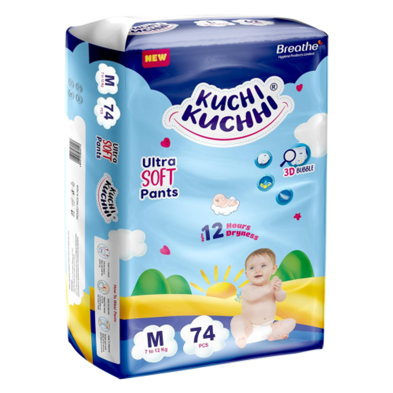 Kuchi Kuchhi Baby Diaper Pants, Medium (7-12kg), 74 Pcs, 3D Bubble Top Ultra Soft Unisex Leakproof Diapers, KKM74