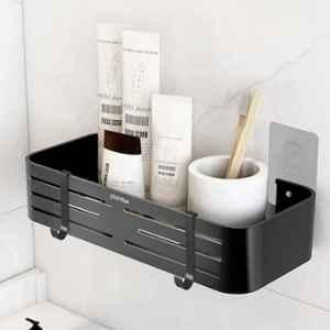 Plantex Self Adhesive Shelf for Bathroom Wall/Aluminium Kitchen Rack Adhesive with Removable Hooks & Magic Stickers/Bathroom Organiser without Drill (12x5 inch, Matte Black)