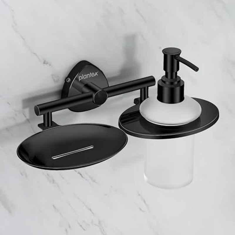 Plantex Stainless Steel Soap Dish with Liquid Dispenser/Soap Stand/Shampoo Dispenser for Bathroom/Bathroom Accessories R-218B, Black