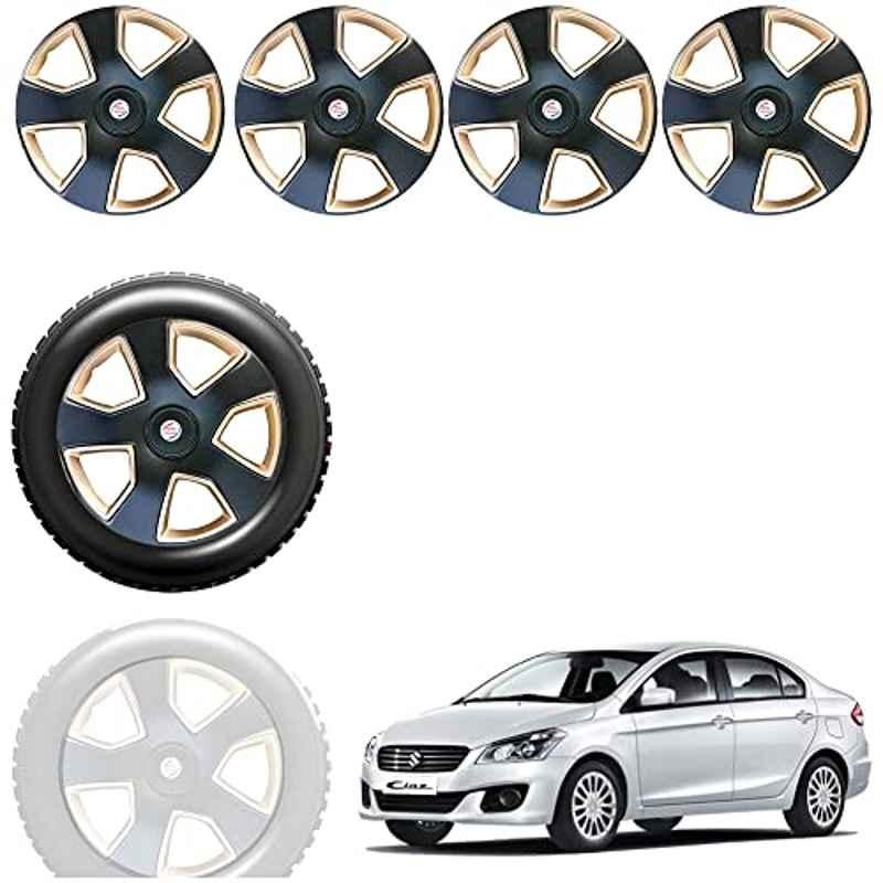 Auto Pearl 4 Pcs 15 inch Black & Golden ABS Press Type Hubcap Wheel Cover Set with Retention Ring for Maruti Suzuki Ciaz