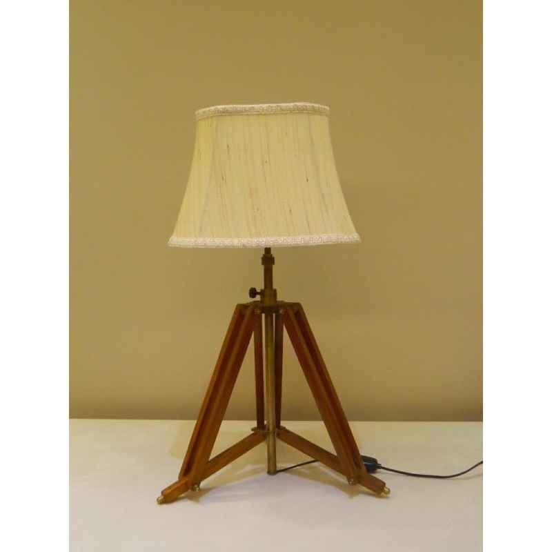 Tucasa Mango Wood Brown Tripod Table Lamp with Polycotton Off White Shade, P-15