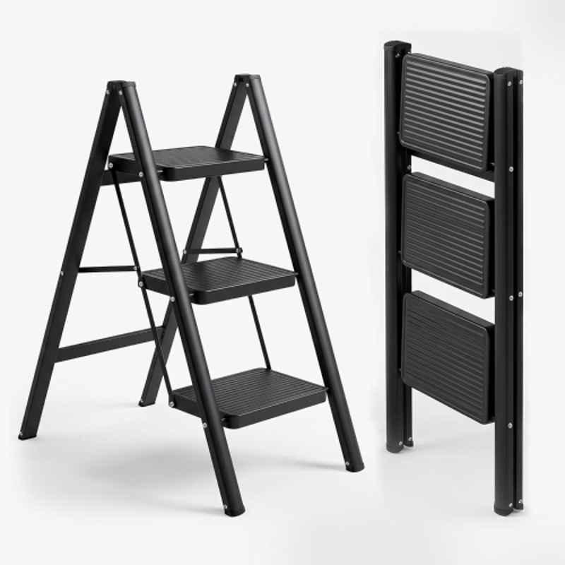 Corvids 150kg 3 Step Black Heavy Duty Carbon Steel Foldable Step Ladder with 2 Years Warranty, Anti-Slip Wide Steps, Portable Multipurpose Folding Step Ladder for Home, Kitchen & Office Use