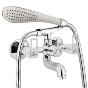 Cliquin Square Cut Flora Brass Chrome Wall Mounted Wall Mixer with Telephonic Crutch Hand Shower & 1m Stainless Steel Shower Tube