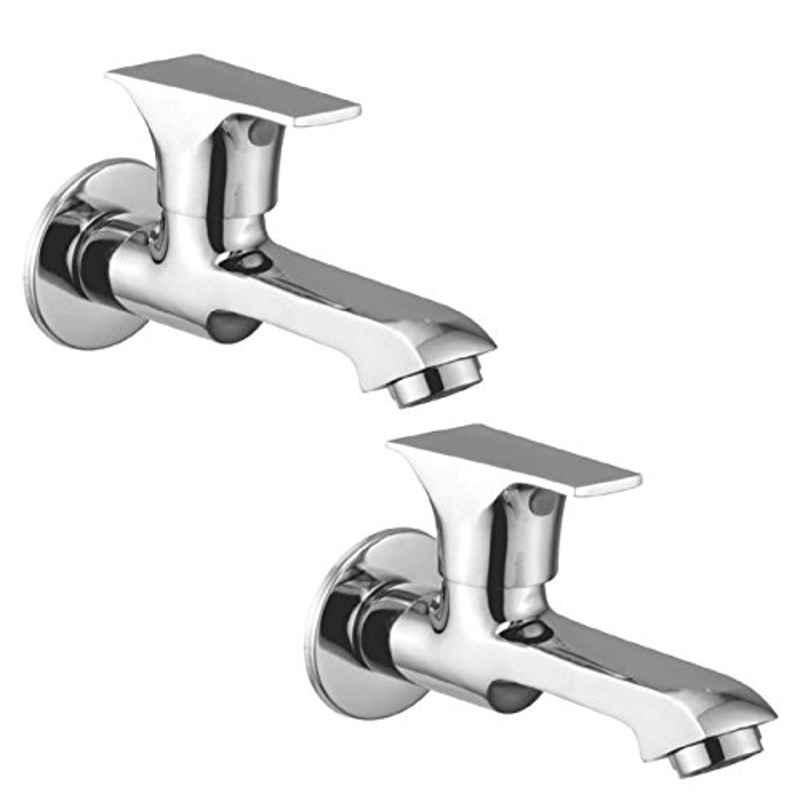Oleanna Global Brass Silver Chrome Finish Foam Flow Long Body Bib Cock with Wall Flange (Pack of 2)