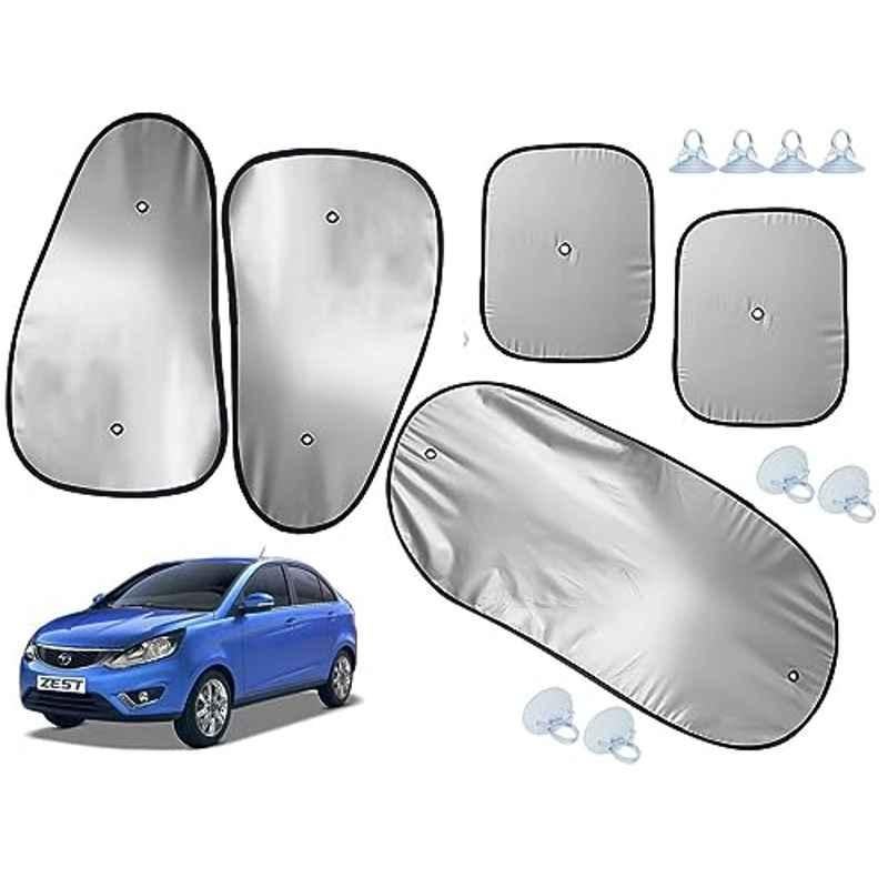 Auto Pearl 5 Pcs Polyester Black & Silver Window & Rear Sun Shade Set for Tata Zest