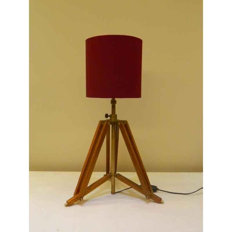 Tucasa Mango Wood Brown Tripod Table Lamp with Polycotton Maroon Shade, P-14