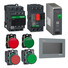 Schneider Electric GV2ME20 7.5kW Circuit Breaker Combo with Screen Touch Panel (HMIET6400), Pilot Light Red (XB5AVM4), Pilot Light Green (XB5AVM3), Push Button Red (XB5AA42), Push Button Green (XB5AA31) & Contactor (LC1D25M7)