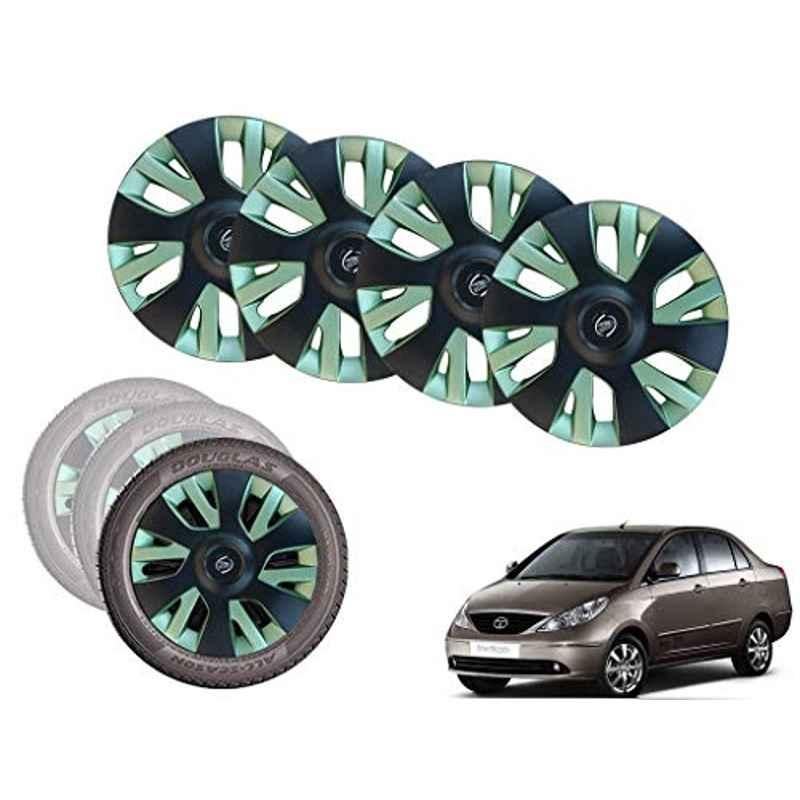 Auto Pearl 14 inch ABS Black & Green Car Hubcap Wheel Cover with Retention Ring Set for Indigo