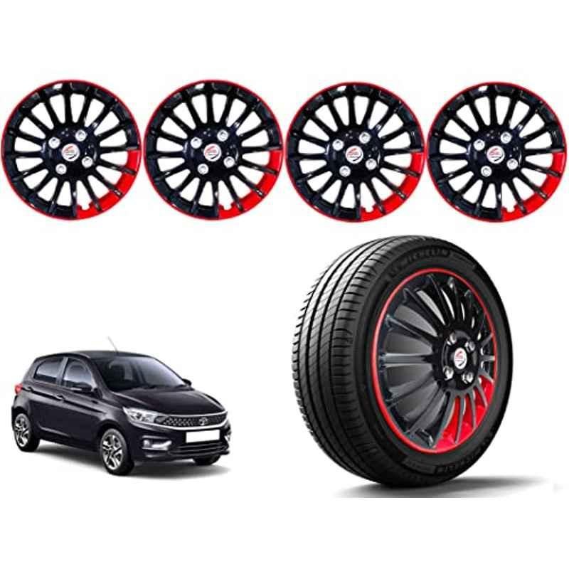 Auto Pearl 4 Pcs 13 inch Polypropylene Black & Red Press Type Car Wheel Cover Set with Retention Ring for Tata Tiago XB, XE & XM 2020, WC13in_CamryREDstrip_Tiago2020XB_XE_XM