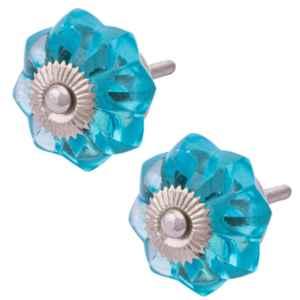Atom 1.25 Inch Blue Crystal Glass Melon Marigold Flower Cabinet Door knob (Pack of 2)