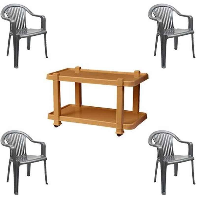 Italica 4 Pcs Polypropylene Metallic Silver Premium Arm Chair & Marble Beige Table with Wheels Set, 9201-4/9509