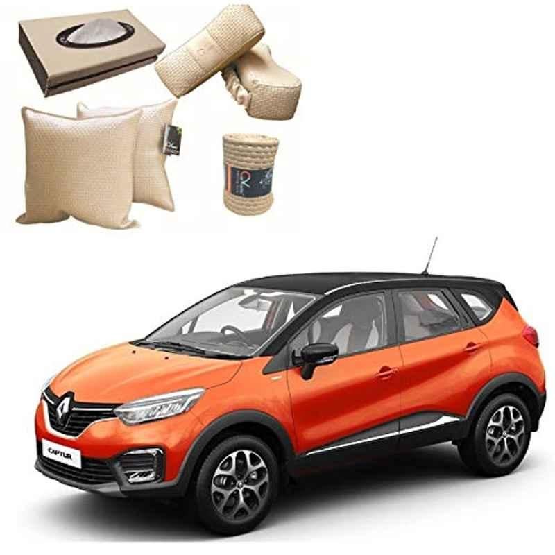 Kozdiko 2 Pcs Cushion Pillow, 2 Pcs Neck Rest, Tissue Box & Steering Beige Car Cover Combo for Renault Captur