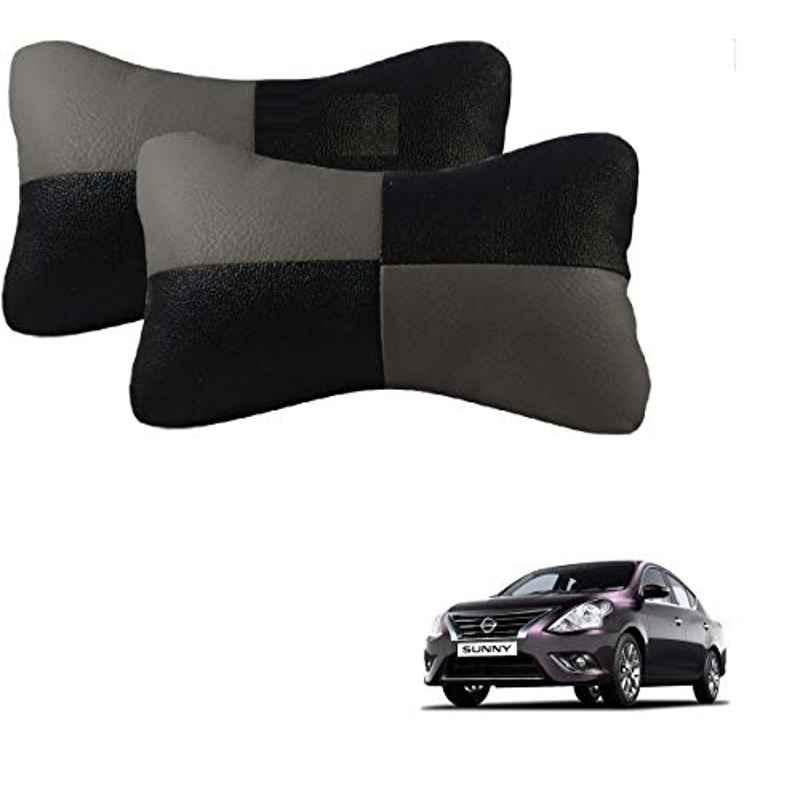Kozdiko 2 Pcs Leather Grey & Black Neck Rest Car Cushion Pillow Set for Nissan Sunny