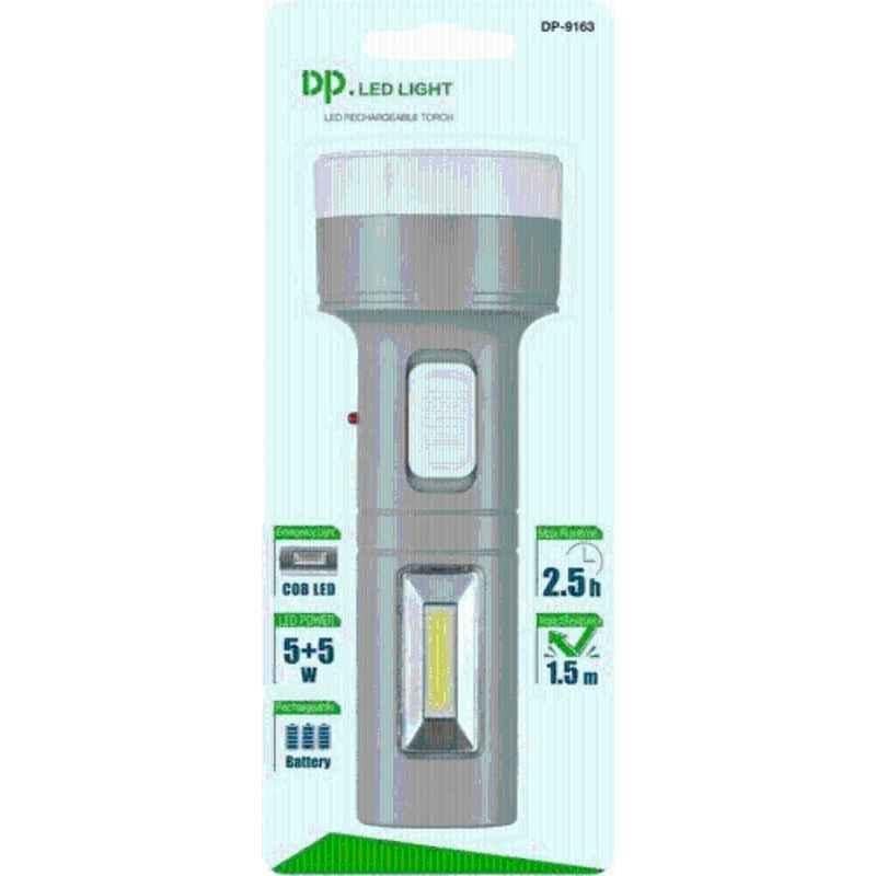DP 5W 16cm ABS Grey Rechargeable LED Torch with Built-in Emergency Light, DP-9163