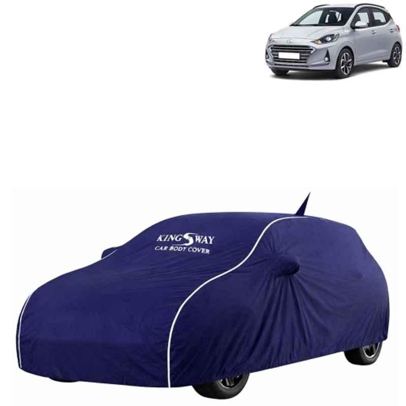 Kingsway Super Waterproof All Weather Protection Polypropylene Blue Car Cover for Hyundai Grand I10 Nios 2019 to 2022 with Silver Piping, Mirror & Antenna Pockets