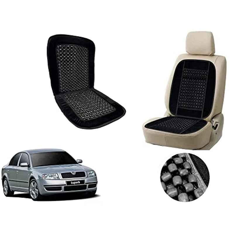 Auto Pearl PU, Velvet & Wooden Beads Black Rectangular Seat Cushion for Skoda Superb