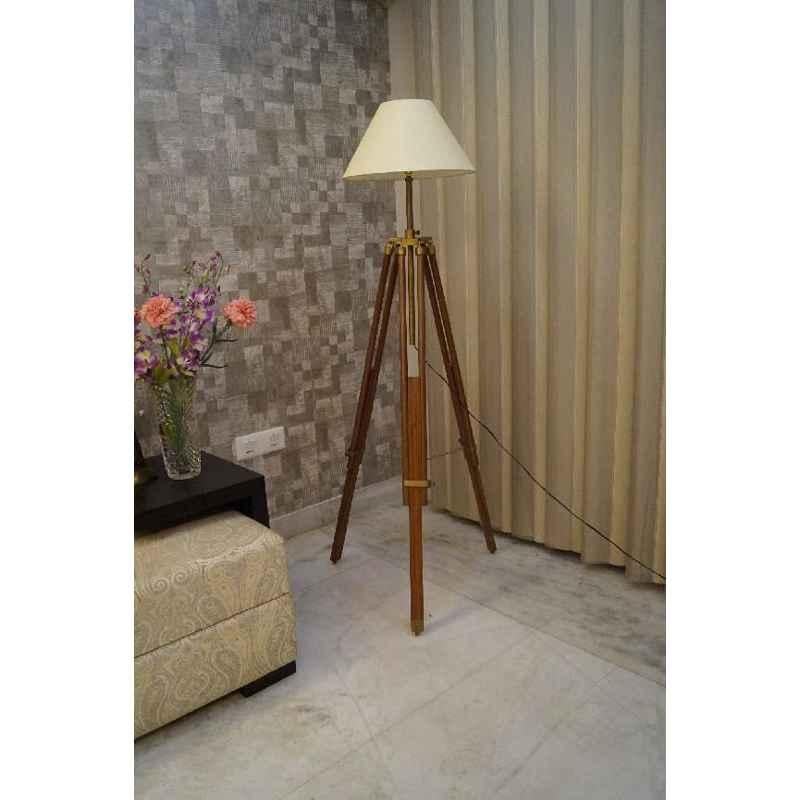 Tucasa Mango Wood Brown Tripod Floor Lamp with Polycotton Off White Shade, P-87