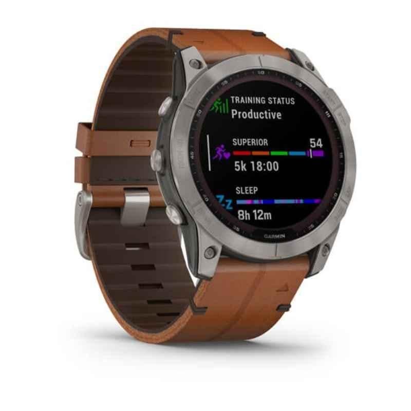 Garmin Fenix 7X Solar Edition 51mm Chestnut Leather Band Smart Watch, 010-02541-19