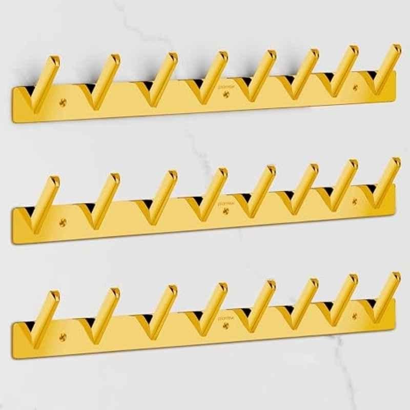 Plantex Wall Hooks for Hanging Cloth/Stainless Steel Towel Hangers/Bathroom Robe Hooks/Door Hangers/Square Wall Hook/Hook Rail for Hanging Keys 8 Hooks (Pack of 3), PVD Gold