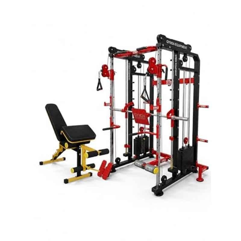 GYM24 Equipment 80kg Capacity Iron Black & Red All in One Multi Functional Trainer Smith Machine with Versatile 7 in 1 Adjustable Bench