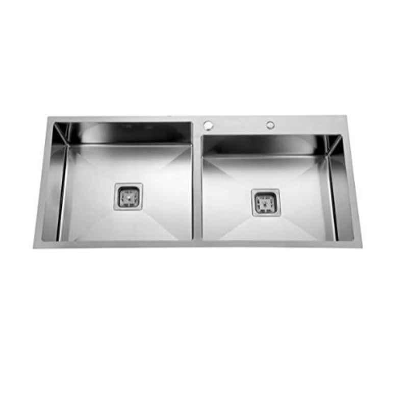 Rigwell Lifetime 32x18x10 inch Satin Finish Stainless Steel Double Bowl Handmade Kitchen Sink with Tap Holes