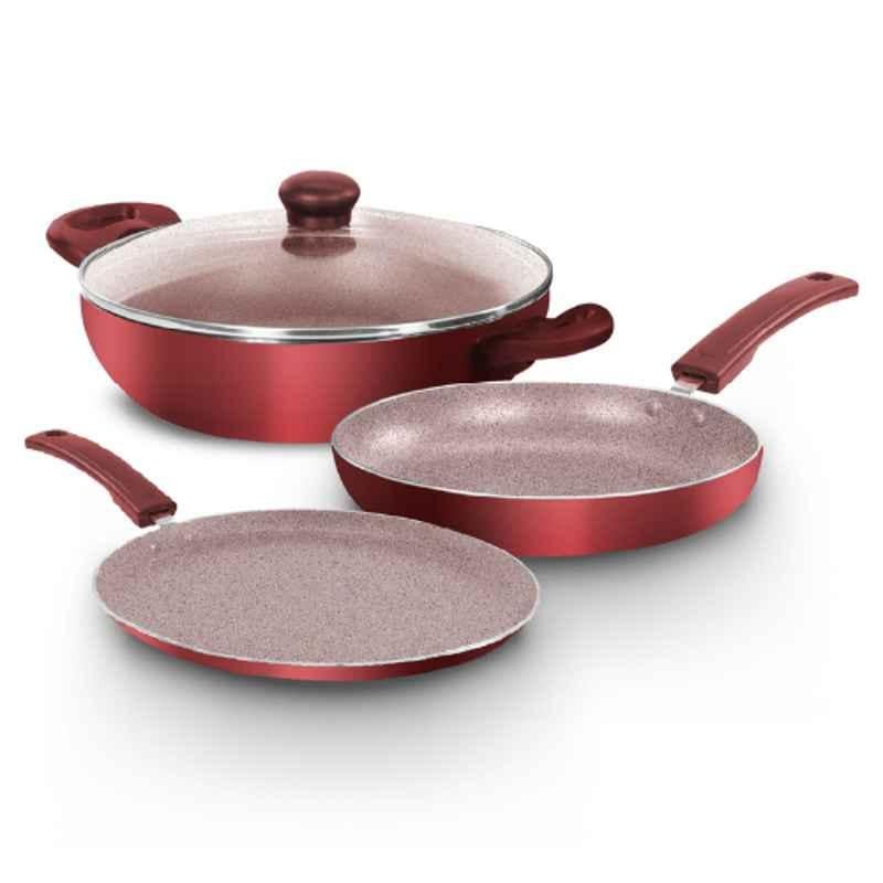 Impex 3Pcs Aluminium Maroon Non-Stick Granite Cookware Set, ROYAL