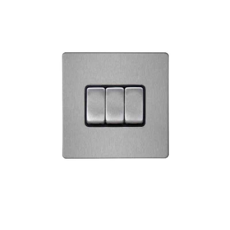 RR Vivan Metallic 10A Brushed Stainless Steel 3-Gang 1-Way Switch with Black Insert, VN6677M-B-BSS
