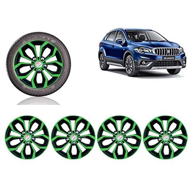 Auto Pearl 4 Pcs 15 inch Black & Green ABS Press Type Hubcap Wheel Cover Set with Retention Ring for Maruti Suzuki ScrossFacelift